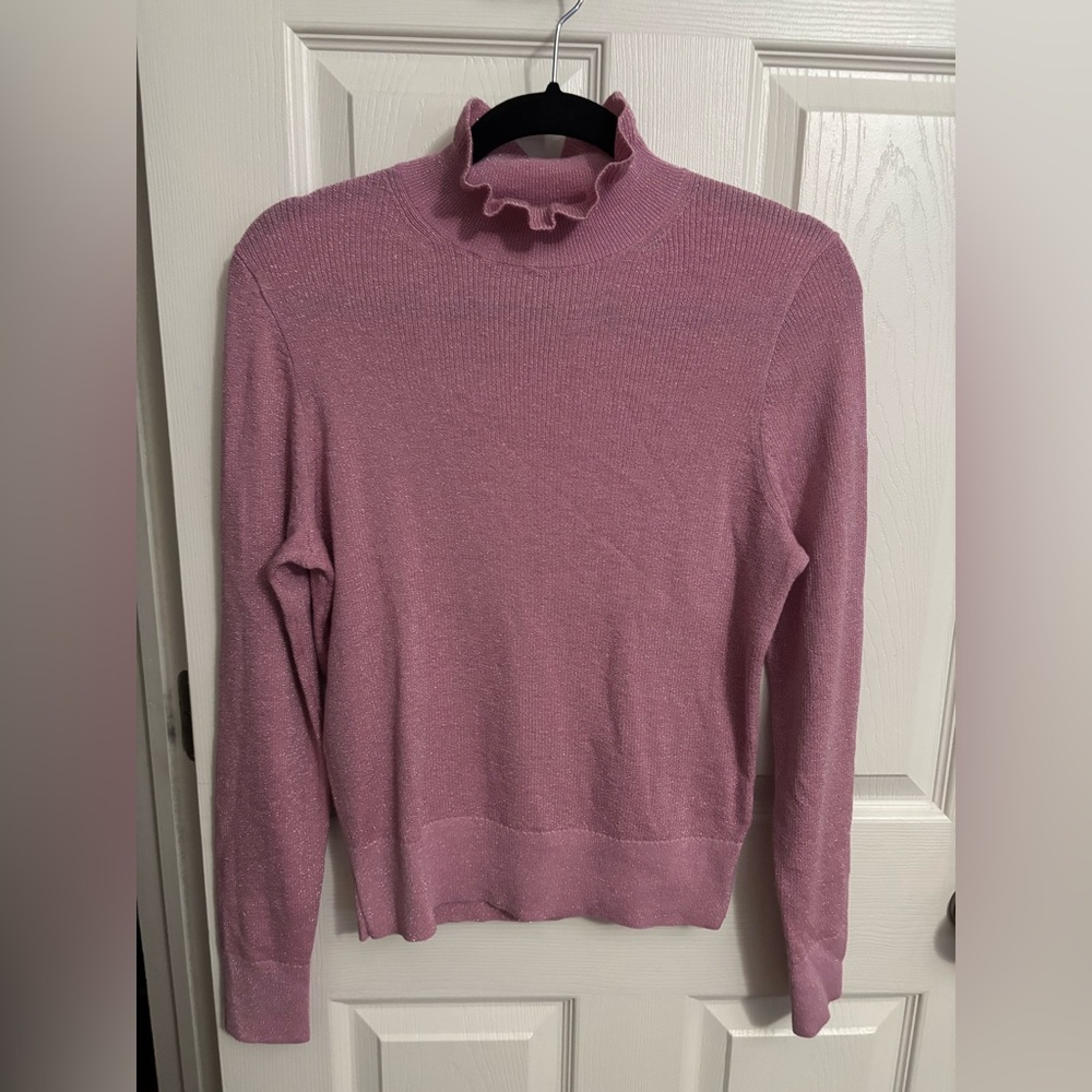 J. Crew | Pink Metallic Merino Wool Ruffleneck Turtleneck Sweater Sz L